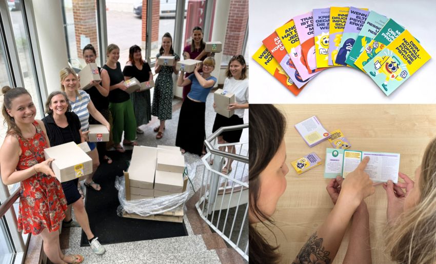 Collage aus verschiedenen Fotos rund um die neuen Info-Pocket-Guides zur psychischen Gesundheit von Irrsinnig Menschlich e.V.