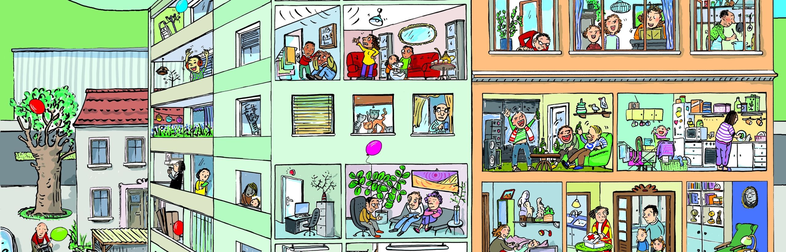 Ausschnitt Wimmelbild 1 – »Psychisch fit in der Grundschule«, ein Präventionsprogramm von Irrsinnig Menschlich e.V.