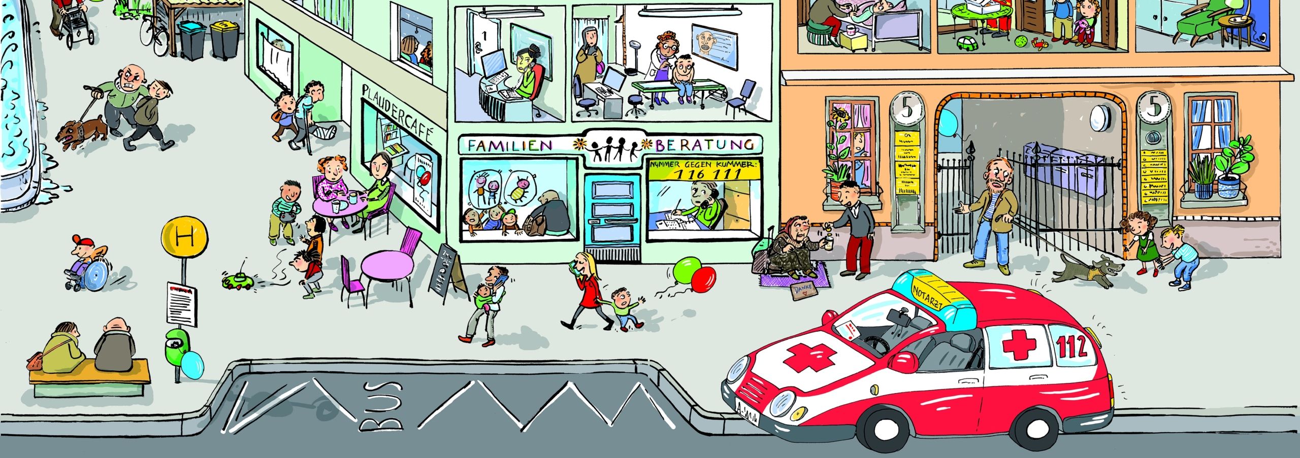 Ausschnitt Wimmelbild 2 – »Psychisch fit in der Grundschule«, ein Präventionsprogramm von Irrsinnig Menschlich e.V.